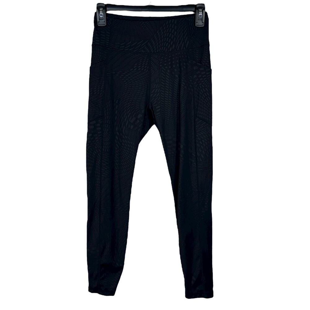 Zyia Active SZ 4 Cropped Leggings Abstract Print Stretch Pockets Hi-Rise Black